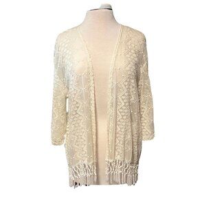 mm mm mm Cream Color Embroidered With Hem Fringes‎ Open Blouse Size L (K10237)